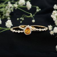 Pear Cut Citrine Bridal Trio Ring Set with Moissanite Band