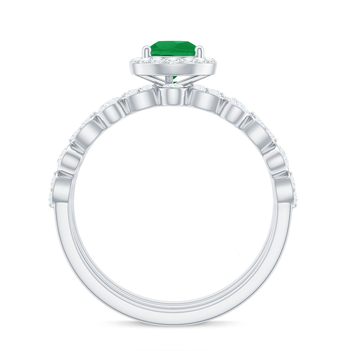 Natural Emerald Teardrop Engagement Ring and Wedding Band Set of 3
