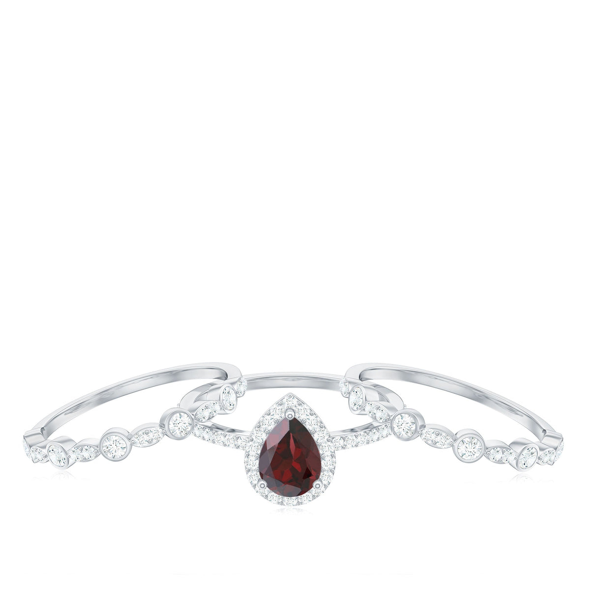 Real 5X7mm Pear Shape Garnet 3 Piece Wedding Ring Set