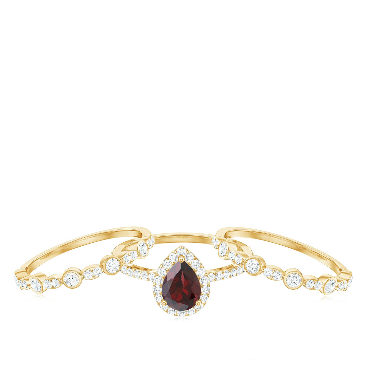 Real 5X7mm Pear Shape Garnet 3 Piece Wedding Ring Set