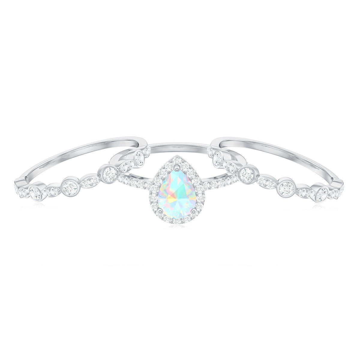 Genuine Vintage Style Opalescent Teardrop Engagement Wedding Ring Set of 3