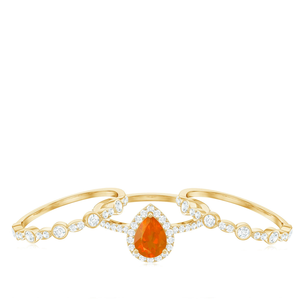 Pear Cut Fire Opal Bridal Trio Ring Set with Moissanite Band