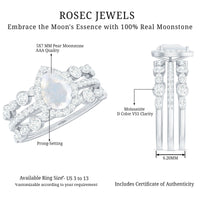 Pear Cut Moonstone Bridal Trio Ring Set with Moissanite Band