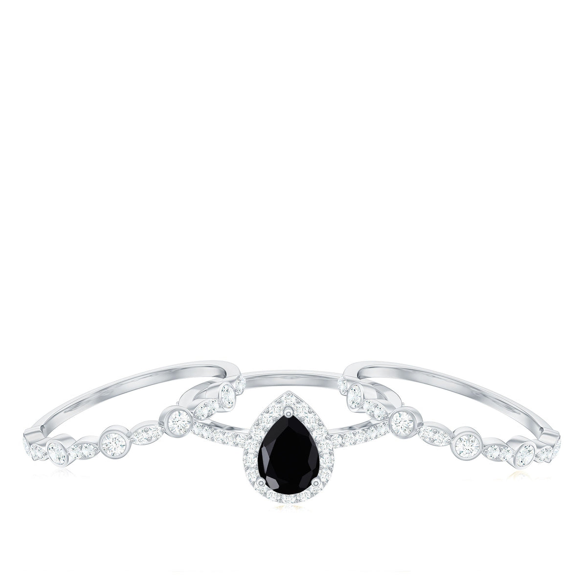 6x8mm Pear Cut Black Onyx Statement Ring Set with Moissanite Bands