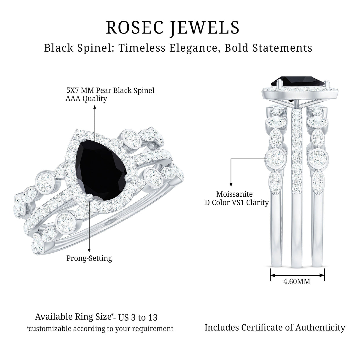 Natural Pear Shape Black Spinel Moissanite Bridal Ring Set of 3