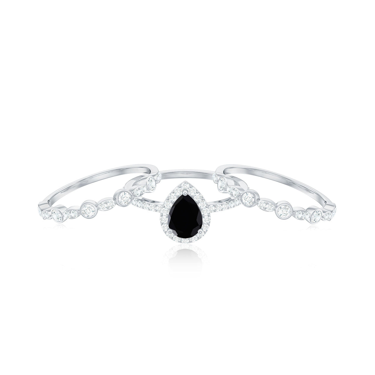 Natural Pear Shape Black Spinel Moissanite Bridal Ring Set of 3