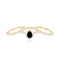 Natural Pear Shape Black Spinel Moissanite Bridal Ring Set of 3