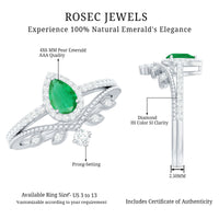 Vintage Looking Emerald Diamond Designer Engagement Wedding Ring Set