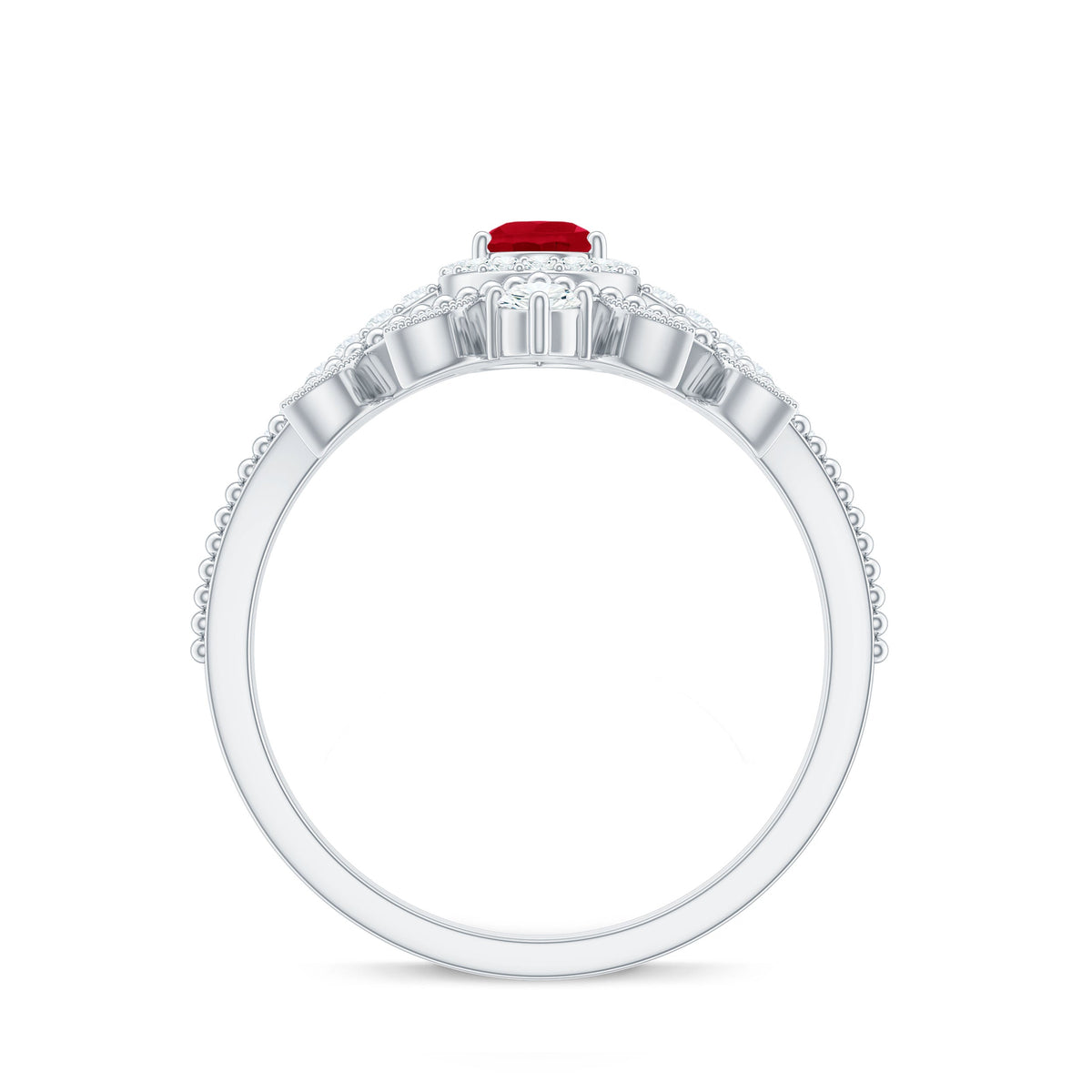 Vintage Looking Pear Shape Ruby Diamond Engagement Ring with Enhancer