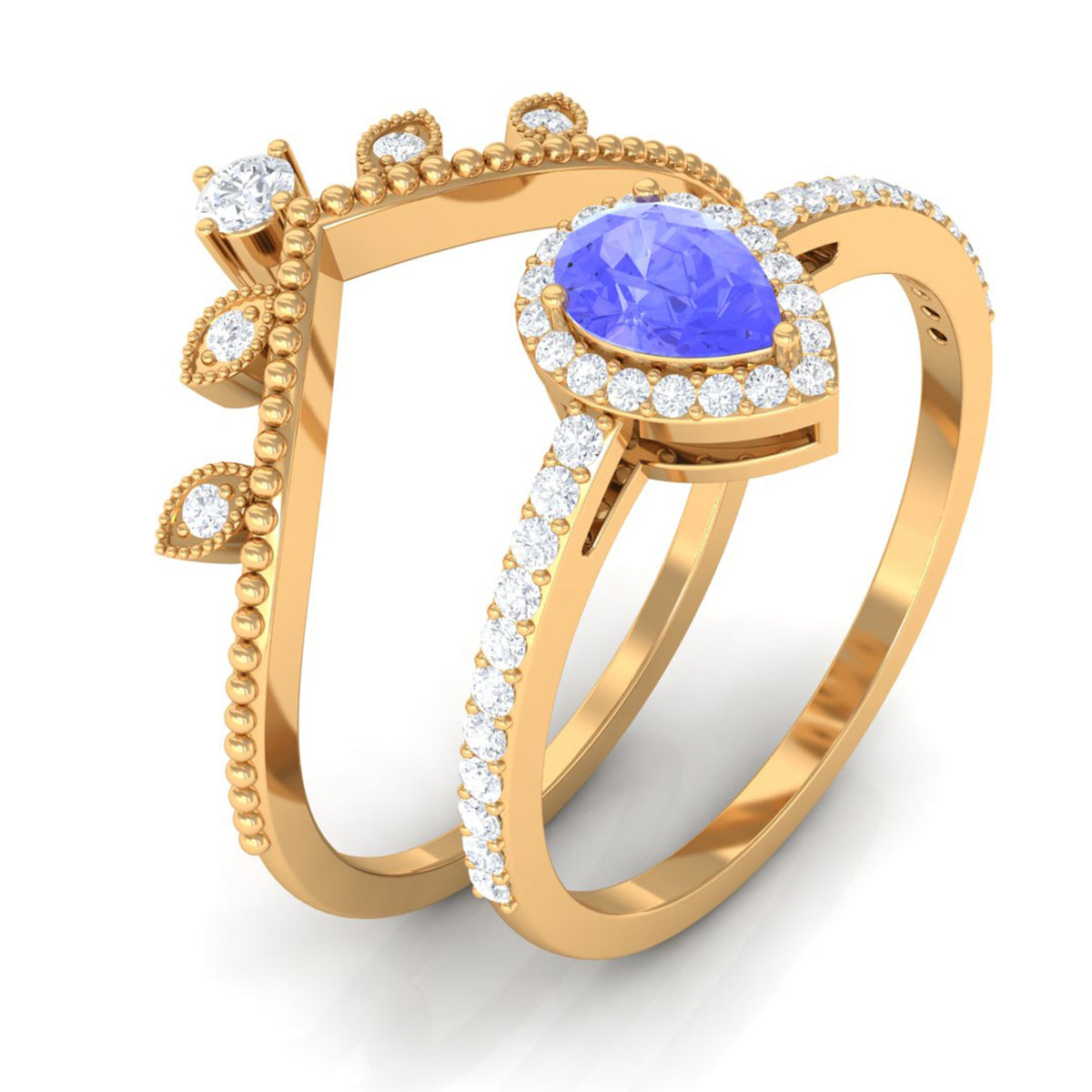 Vintage Looking Tanzanite Diamond Wedding Bridal Ring Set of 2