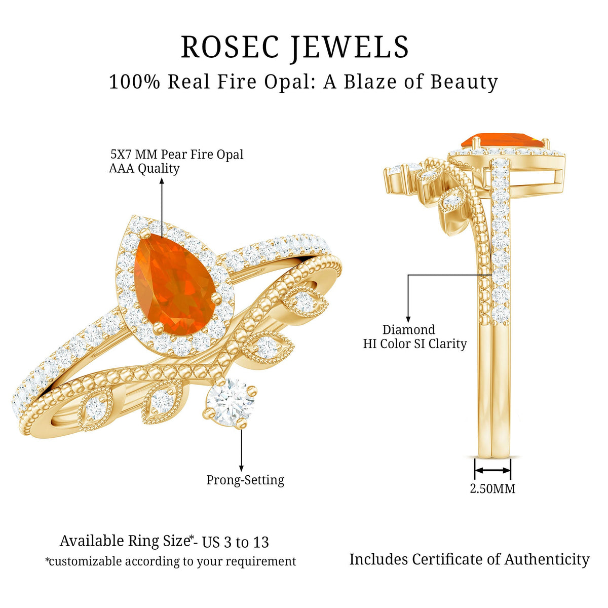 Vintage Inspired Fire Opal Teardrop Wedding Ring Set with Diamond