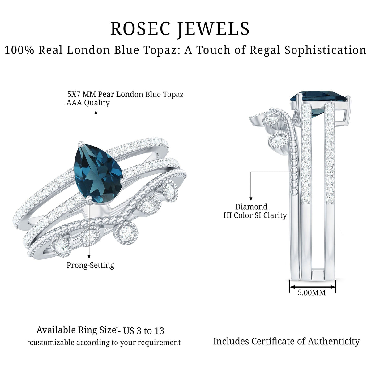Pear London Blue Topaz Double Band Engagement Ring with Diamond Enhancer