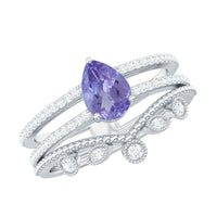 Real Tanzanite Diamond Double Band Engagement Ring with Curved Wedding Band