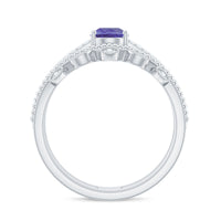 Real Tanzanite Diamond Double Band Engagement Ring with Curved Wedding Band