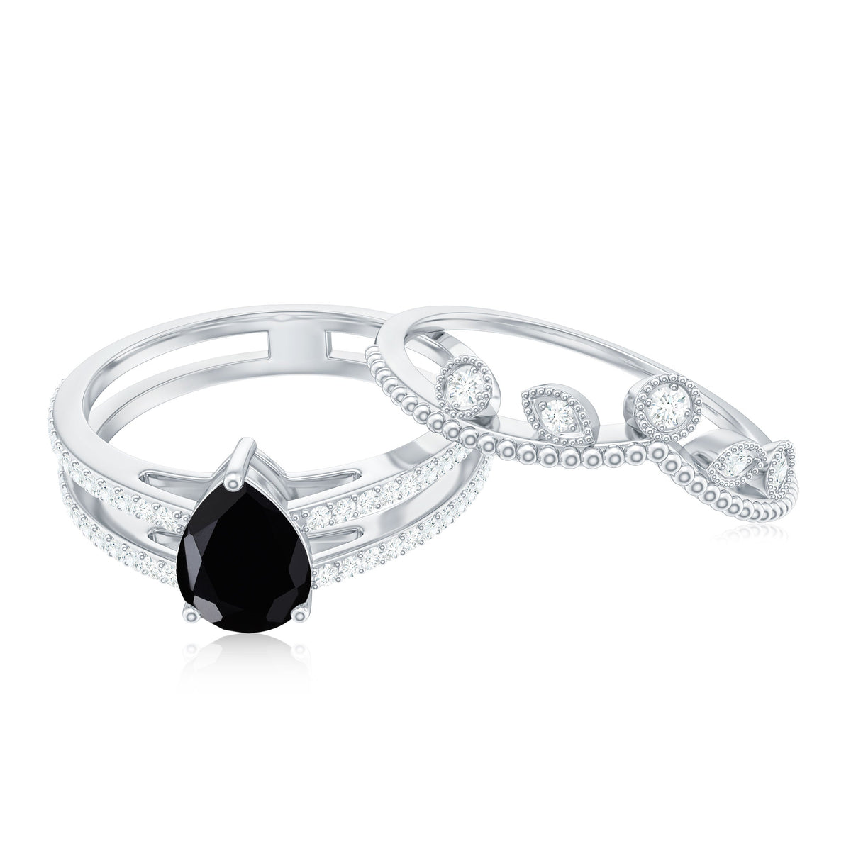 Vintage Style Black Spinel Diamond Wedding Ring Set for Women