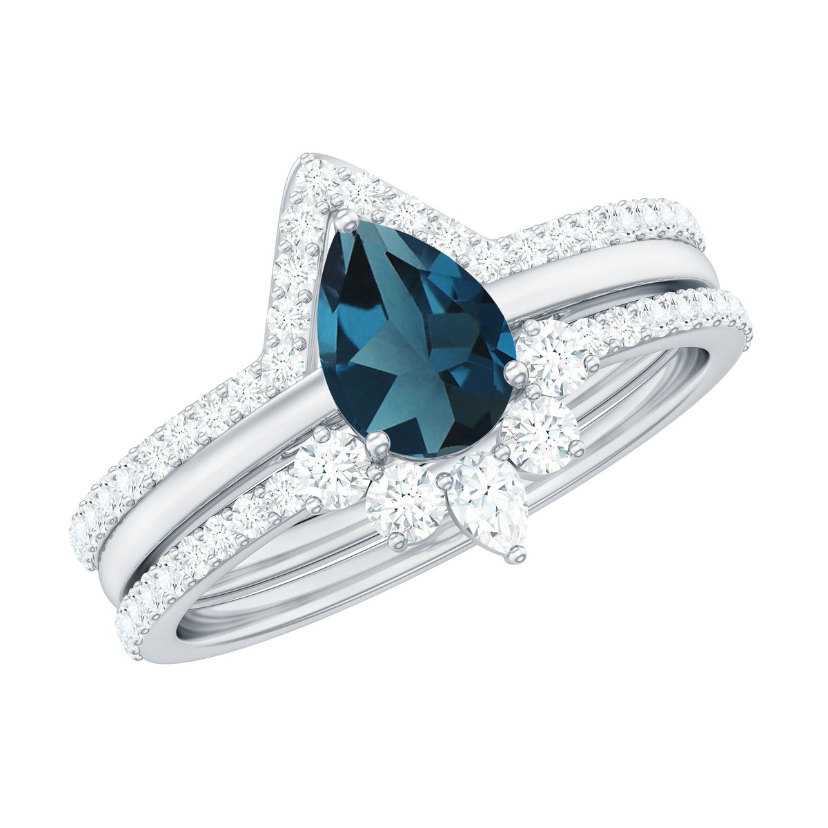 Pear Shape London Blue Topaz and Diamond Trio Ring Set