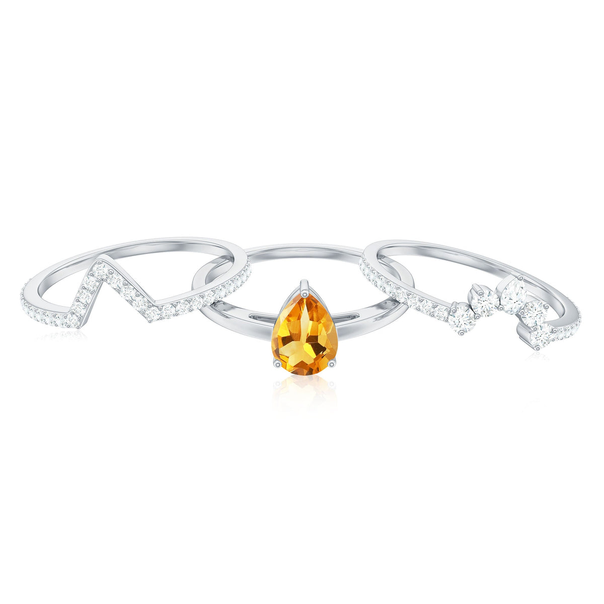 Natural Pear Shape Citrine Wedding Bridal Ring Set of 3 with Certificate