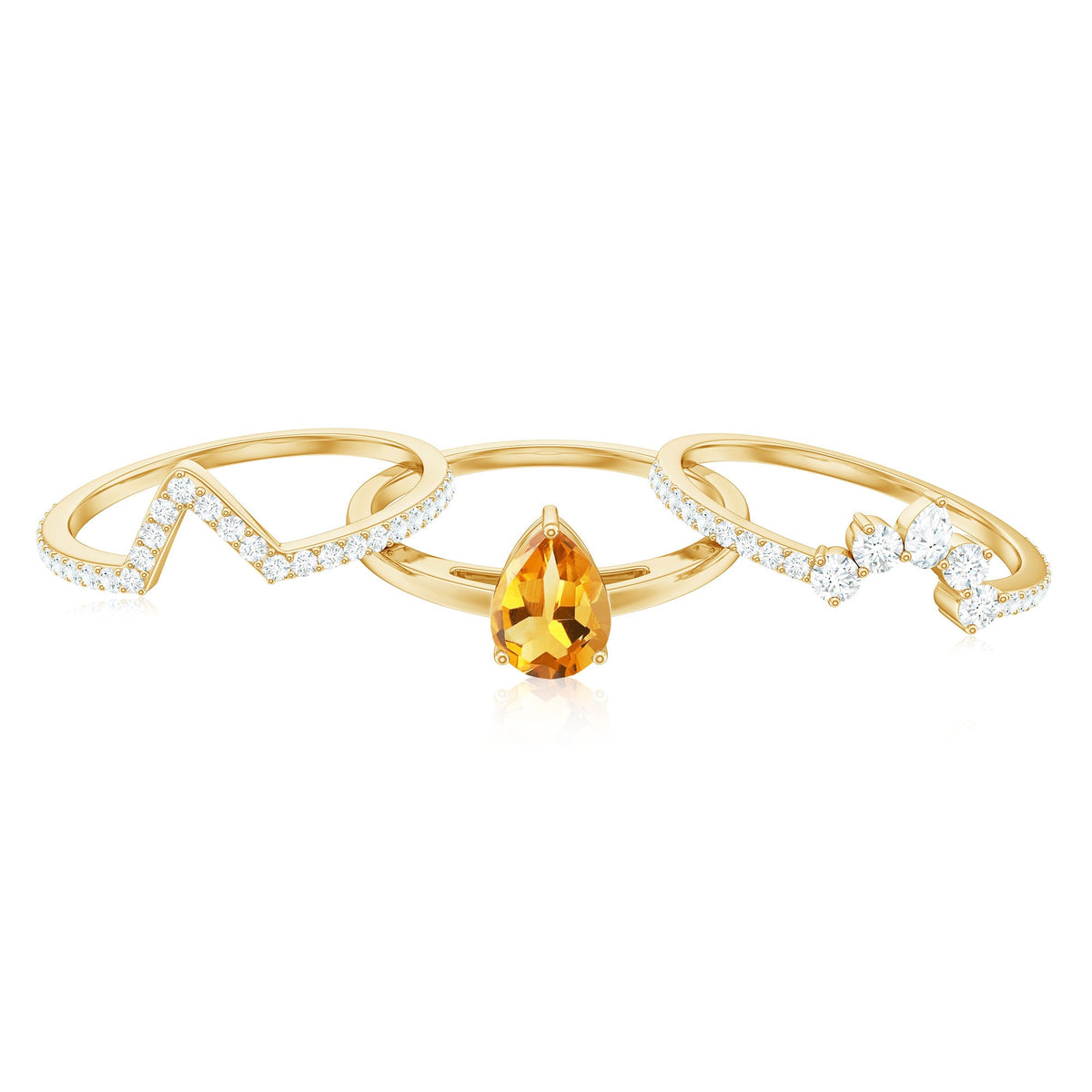 Natural Pear Shape Citrine Wedding Bridal Ring Set of 3 with Certificate