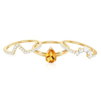 Natural Pear Shape Citrine Wedding Bridal Ring Set of 3 with Certificate