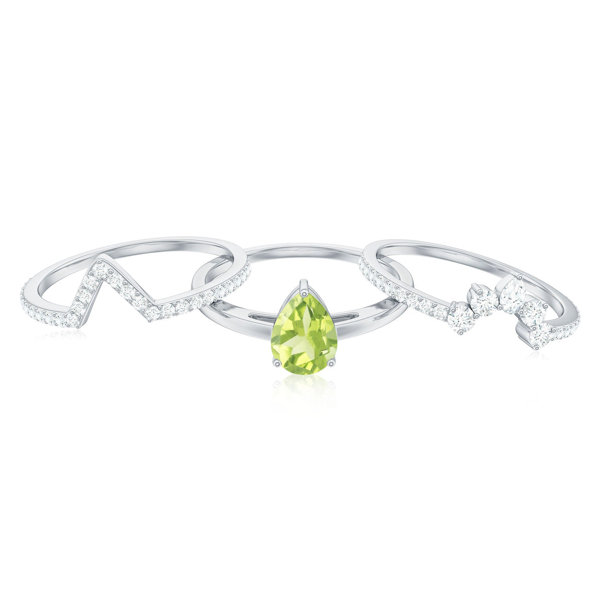 Certified Real 1 Carat Peridot Trio Wedding Ring Set with Moissanite