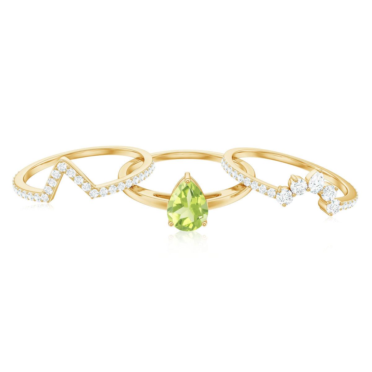 Certified Real 1 Carat Peridot Trio Wedding Ring Set with Moissanite