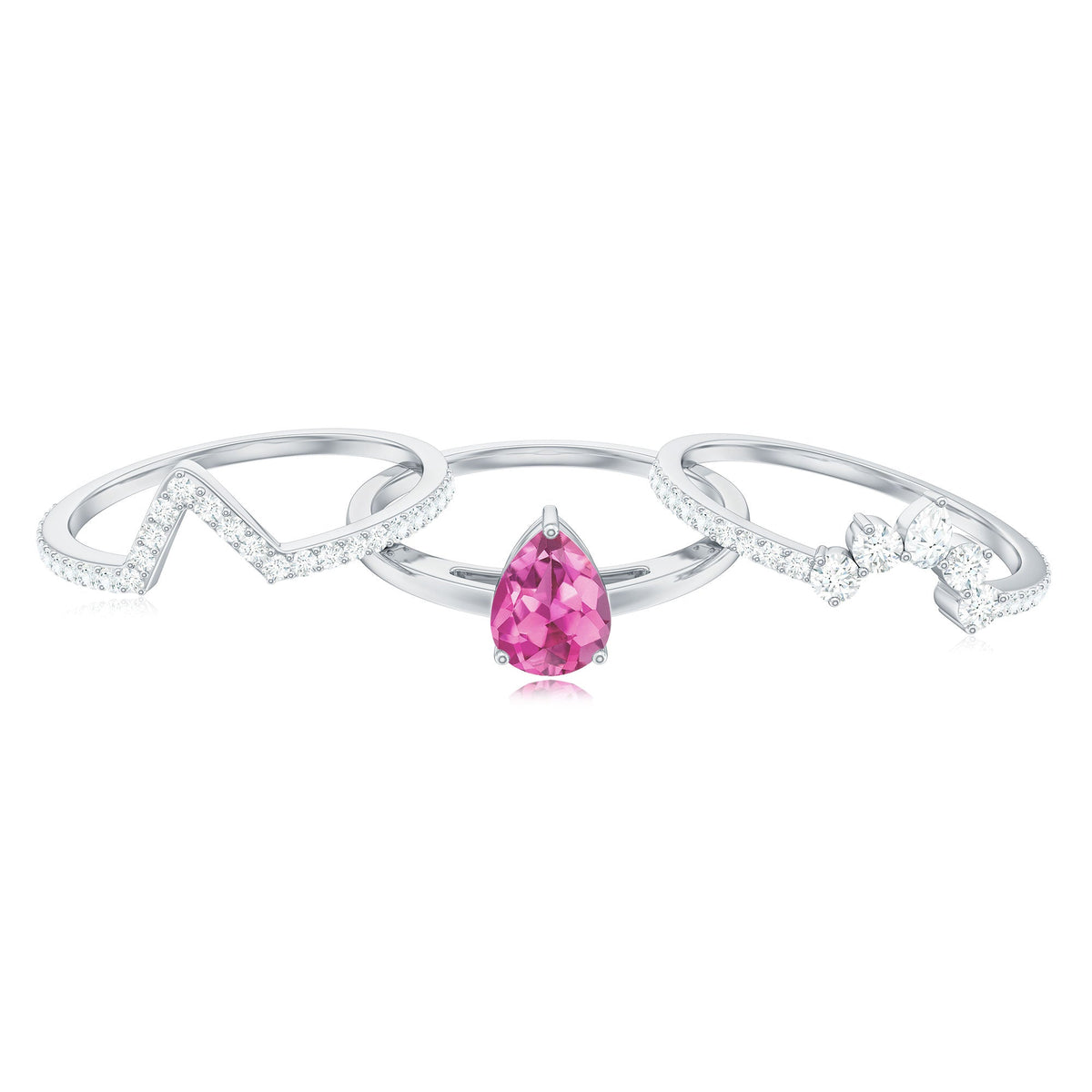 Pear Cut Pink Tourmaline Trio Wedding Ring Set with Moissanite