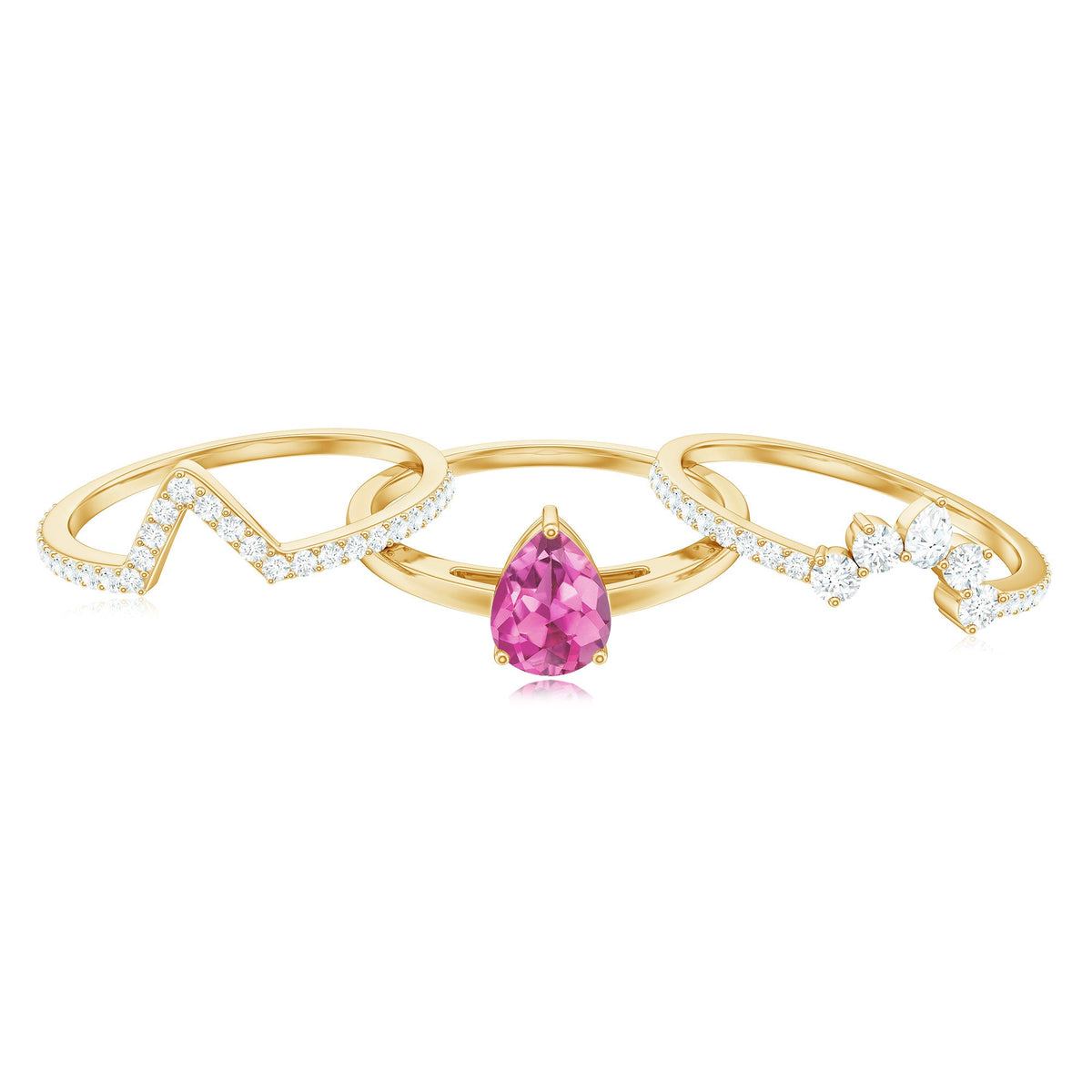 Pear Cut Pink Tourmaline Trio Wedding Ring Set with Moissanite