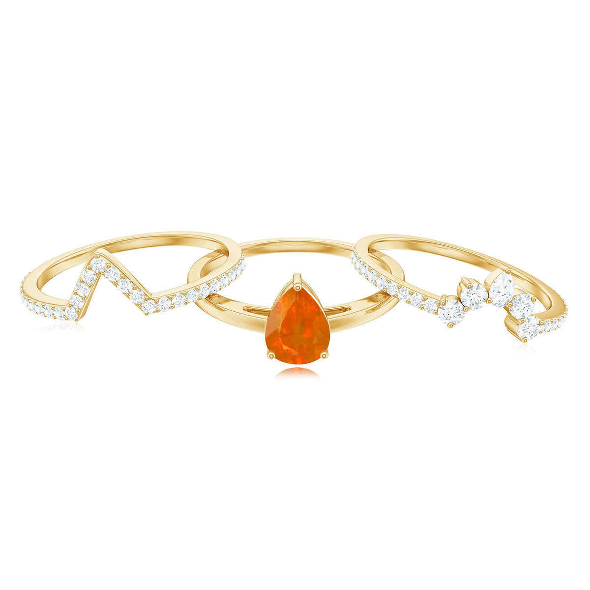 Pear Cut Fire Opal Trio Wedding Ring Set with Moissanite