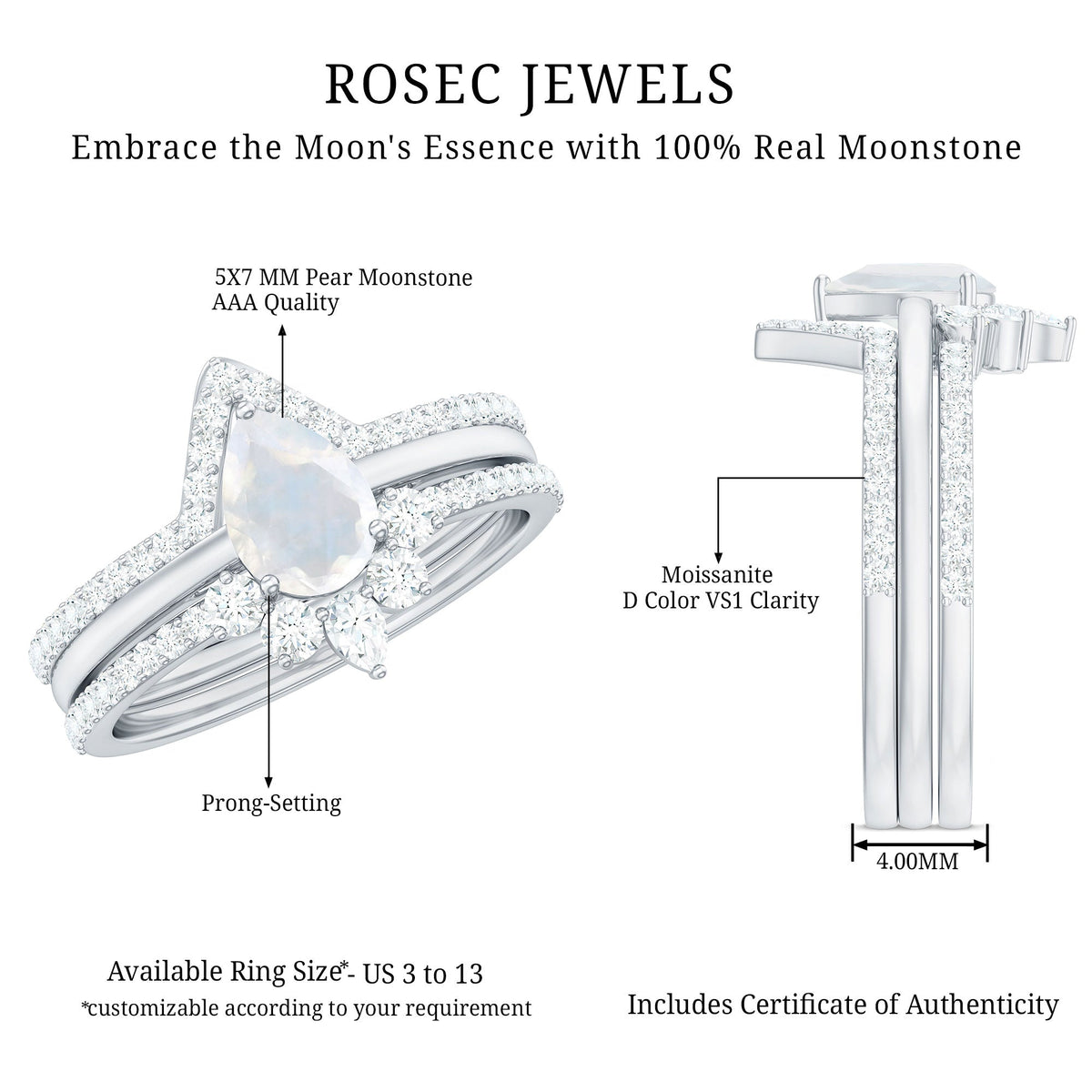 Pear Cut Moonstone Trio Wedding Ring Set with Moissanite