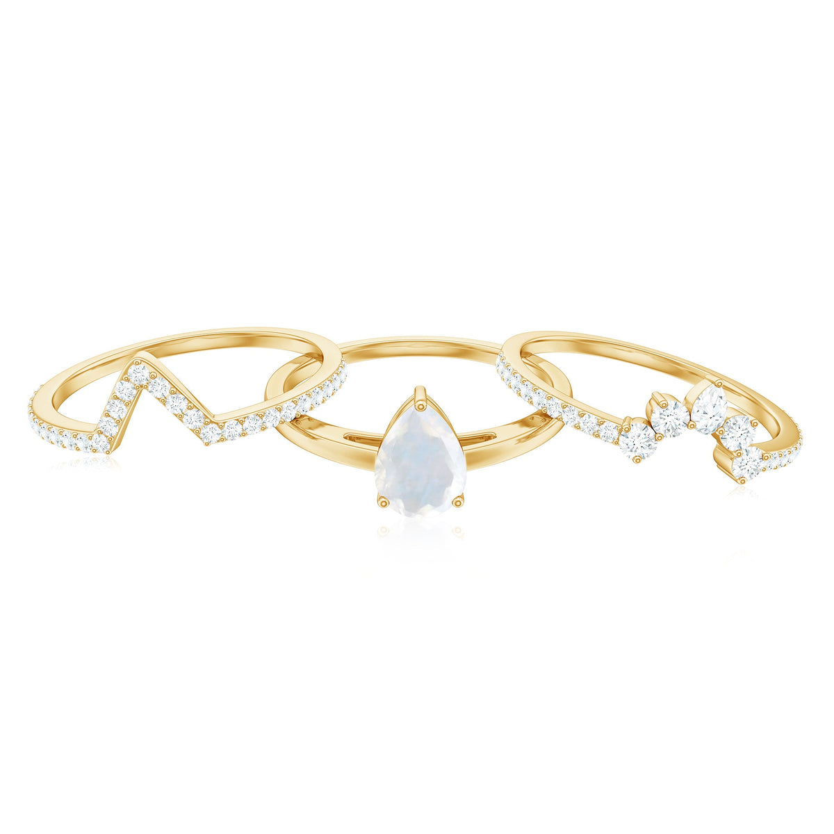 Pear Cut Moonstone Trio Wedding Ring Set with Moissanite