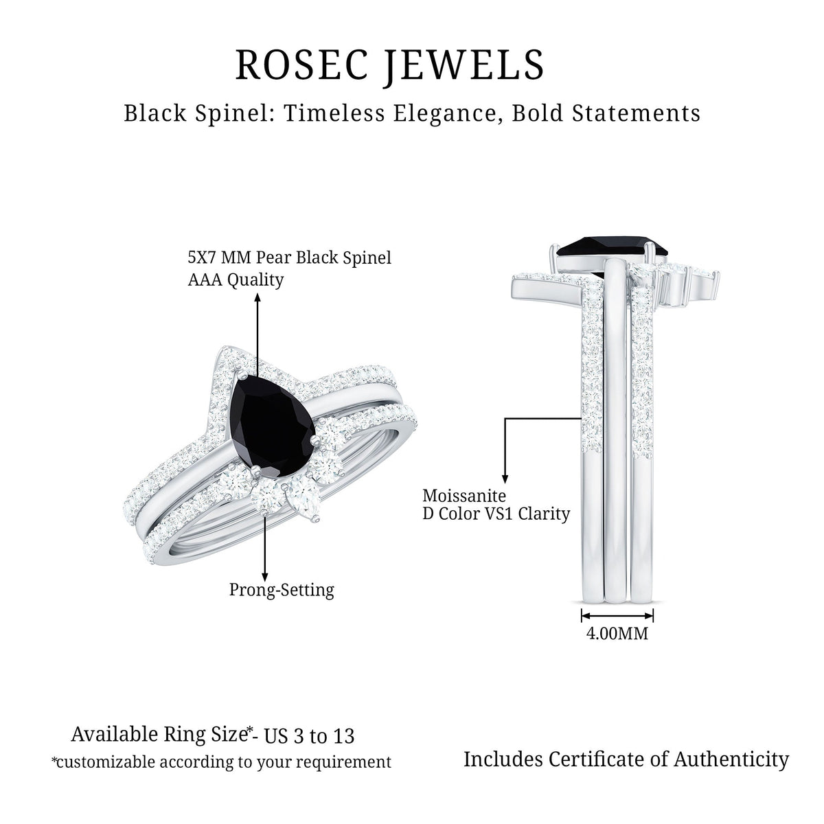 Certified Natural Black Spinel 3 Piece Wedding Ring Set with Moissanite