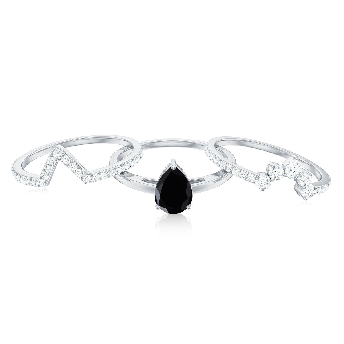 Certified Natural Black Spinel 3 Piece Wedding Ring Set with Moissanite