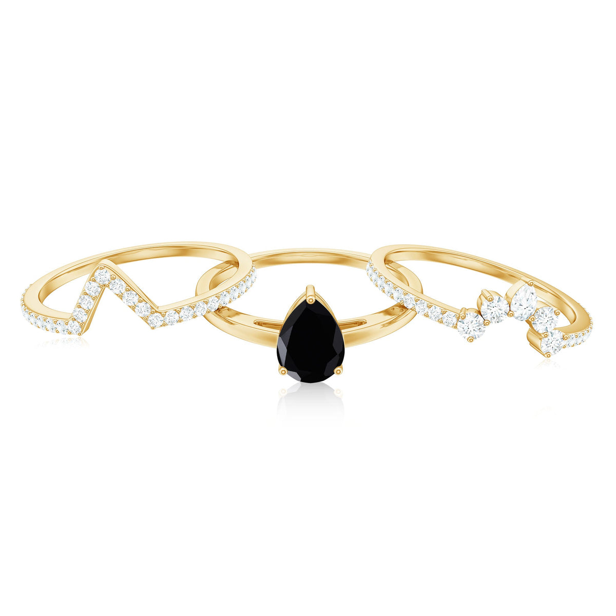 Certified Natural Black Spinel 3 Piece Wedding Ring Set with Moissanite