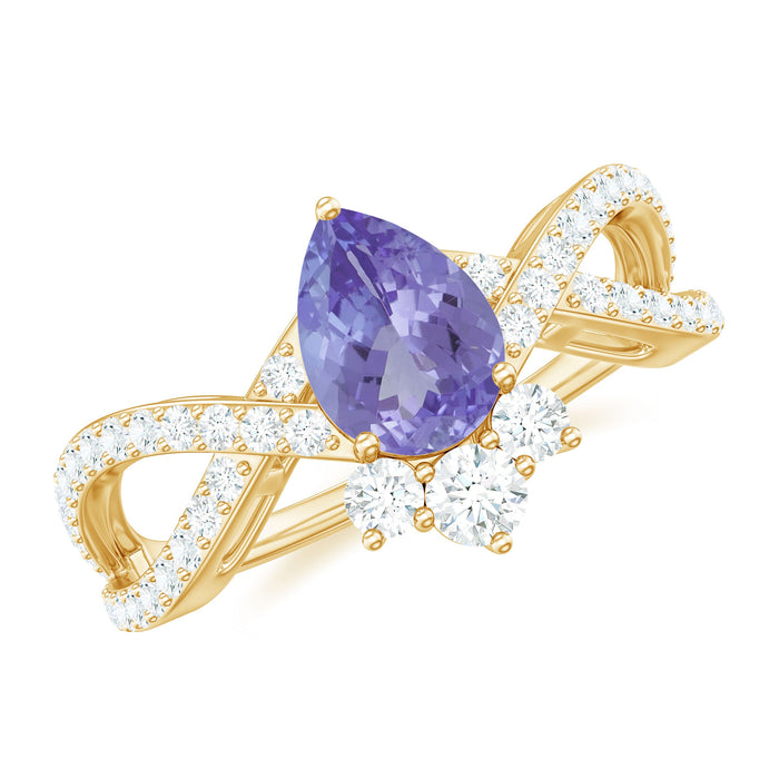 Certified real Tanzanite engagement ring with diamond crossover shank from Rosec Jewels featuring a vibrant blue gemstone.