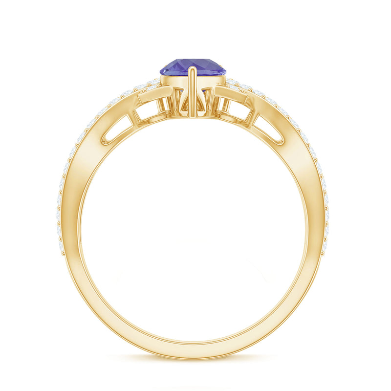 Certified real Tanzanite engagement ring with diamond crossover shank, featuring a stunning blue gemstone and intricate band design.