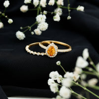 Real 0.6 Carat Citrine Teardrop Bridal Ring Set with Diamond