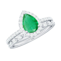 Natural Emerald Diamond Teardrop Engagement Ring and Wedding Band Set