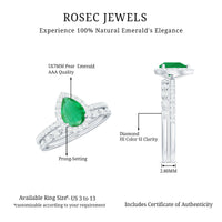 Natural Emerald Diamond Teardrop Engagement Ring and Wedding Band Set