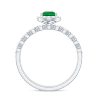 Natural Emerald Diamond Teardrop Engagement Ring and Wedding Band Set