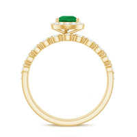Natural Emerald Diamond Teardrop Engagement Ring and Wedding Band Set