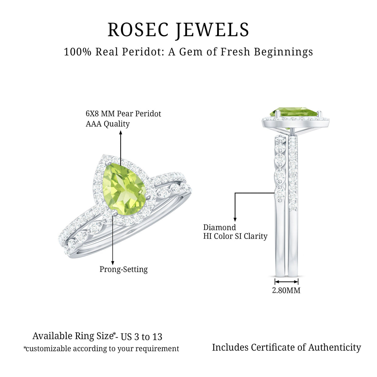 Natural 1 Carat Pear Shape Peridot Wedding Bridal Ring Set with Diamond