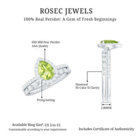 Natural 1 Carat Pear Shape Peridot Wedding Bridal Ring Set with Diamond
