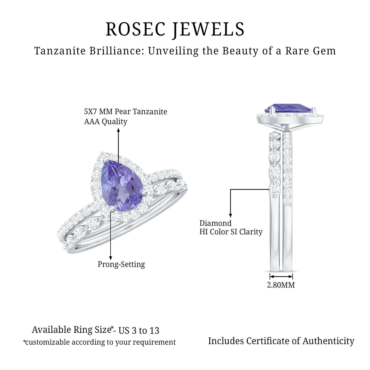 Natural Pear Shape Tanzanite Diamond Wedding Engagement Ring Set of 2