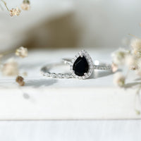 Pear Shaped Black Onyx and Diamond Halo Bridal Ring Set With Certificate