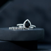 Pear Shaped Black Onyx and Diamond Halo Bridal Ring Set With Certificate
