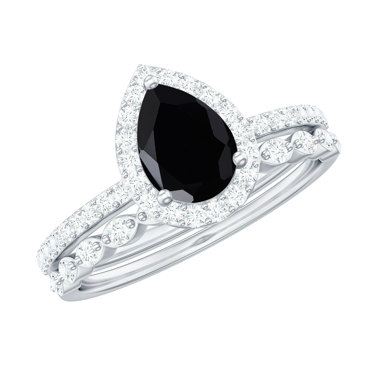 Natural Pear Shape Black Spinel Diamond Wedding Engagement Ring Set of 2