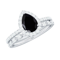 Natural Pear Shape Black Spinel Diamond Wedding Engagement Ring Set of 2