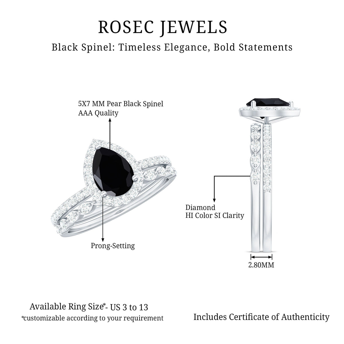 Natural Pear Shape Black Spinel Diamond Wedding Engagement Ring Set of 2