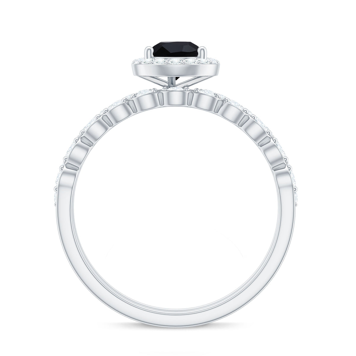 Natural Pear Shape Black Spinel Diamond Wedding Engagement Ring Set of 2