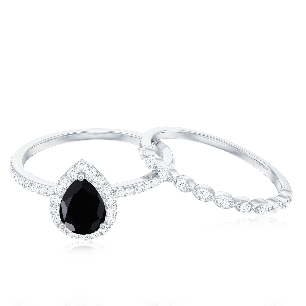 Natural Pear Shape Black Spinel Diamond Wedding Engagement Ring Set of 2